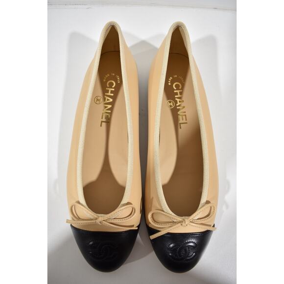Chanel Beige Black Lambskin Leather CC Logo Bow Tie Ballet Ballerina Flat 37 - Picture 11 of 15